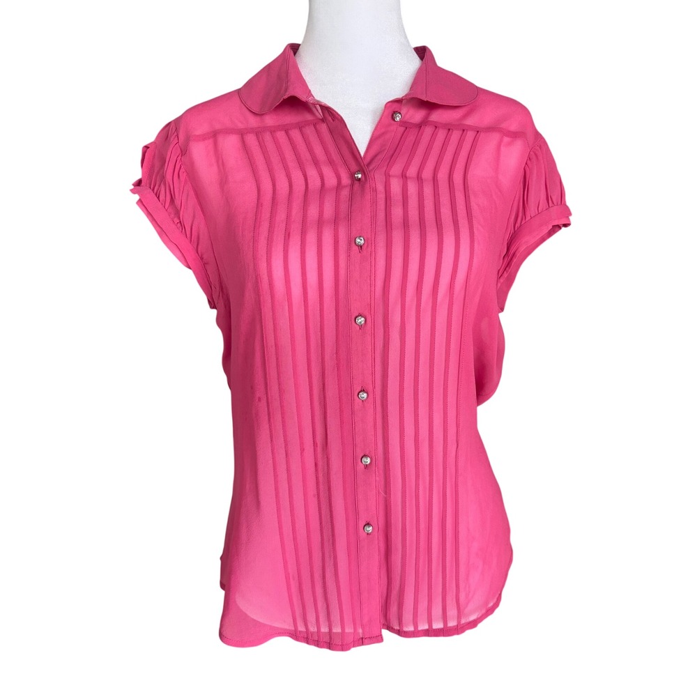 Vintage Y2K Fuchsia Pink 100% Silk Pintuck Cap Sleeve Blouse Large Guess Jeans